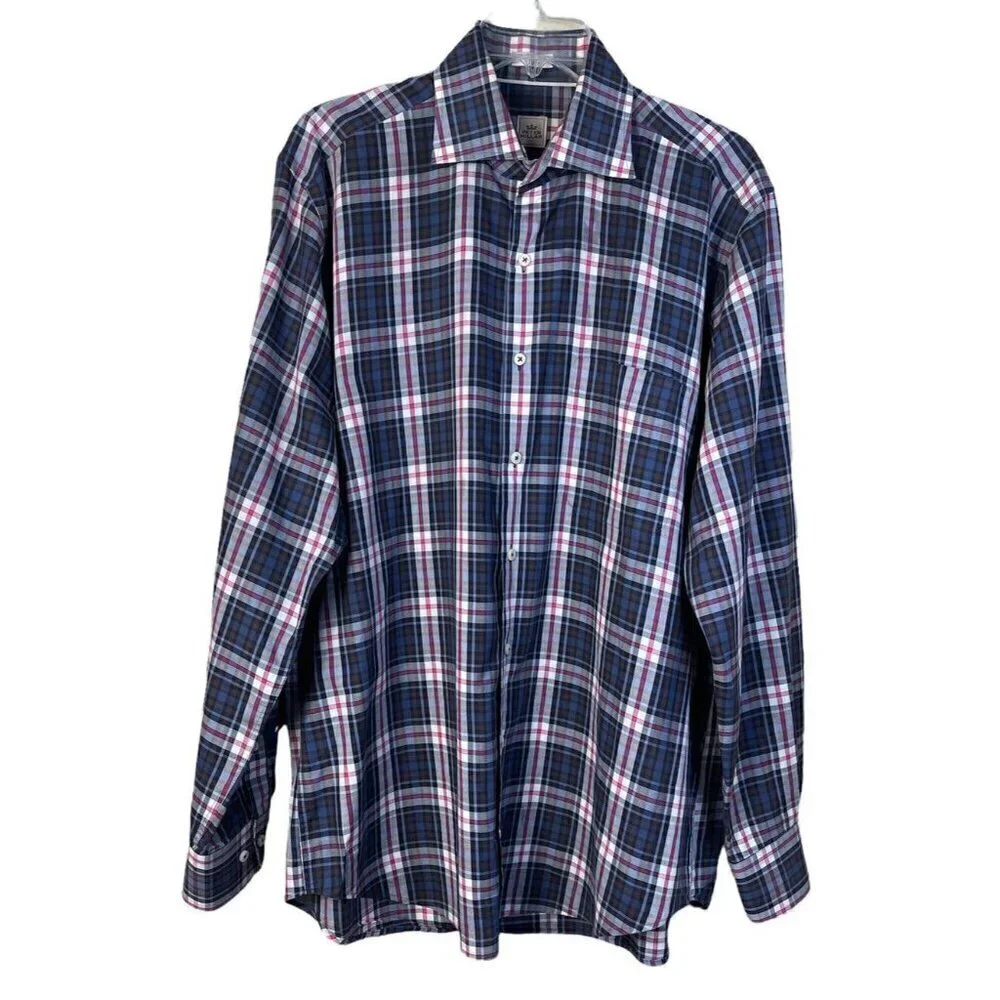 Peter Millar Long Sleeve Button Up Dress Shirt Blue Pink Plaid Sz Large L Cotton